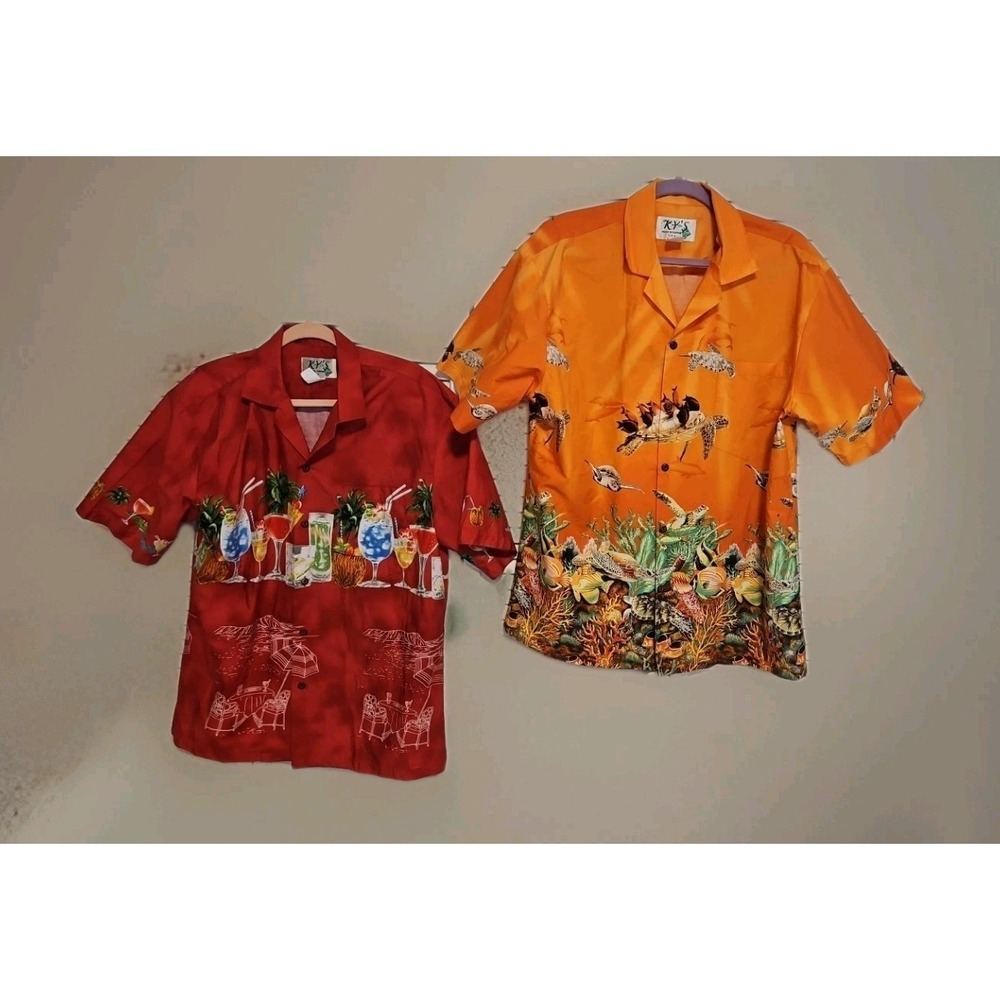 KYS 2 Hawaiian Mens‎ Large Short Sleeve Button Up Hawaiian Shirts Orange & Red